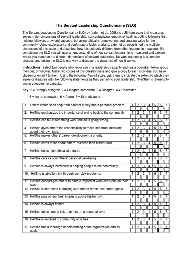 Servant Leadership Questionnaire (SLQ) | PDF | Leadership | Servant ...
