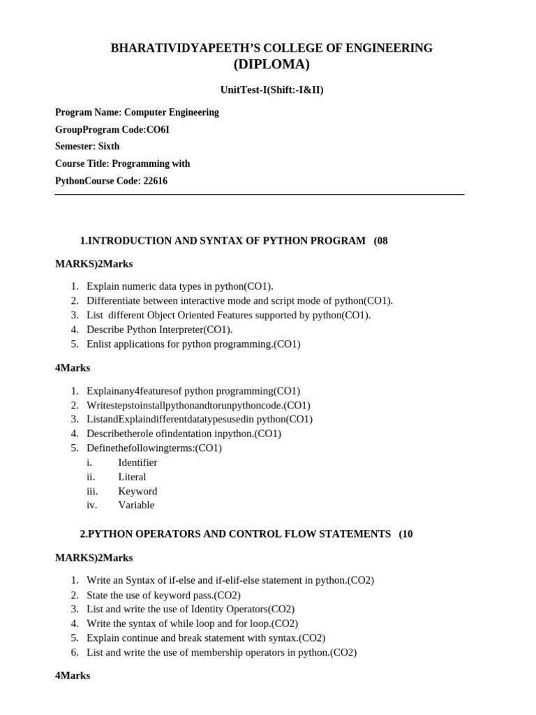 PWP 22616 QB Unit Test I | PDF | Python (Programming Language ...