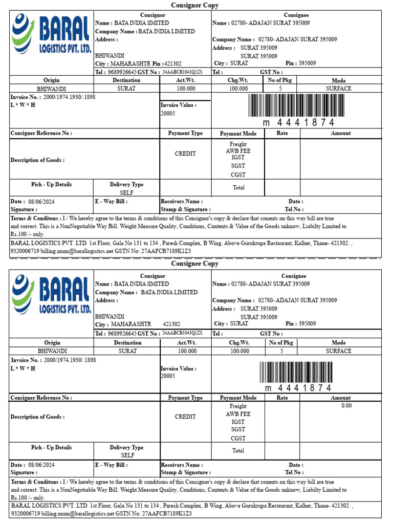 Consignment Way Bill Document Template | PDF | Sales | Government Finances