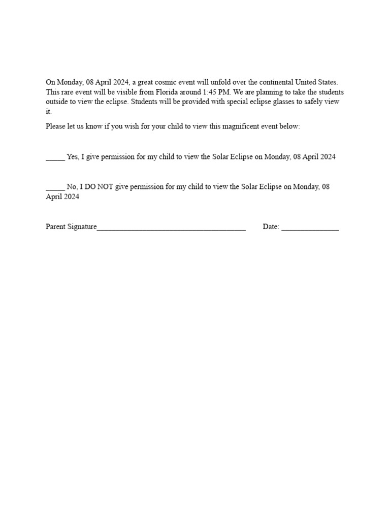 Solar Eclipse Viewing Permission Form | PDF | Wellness