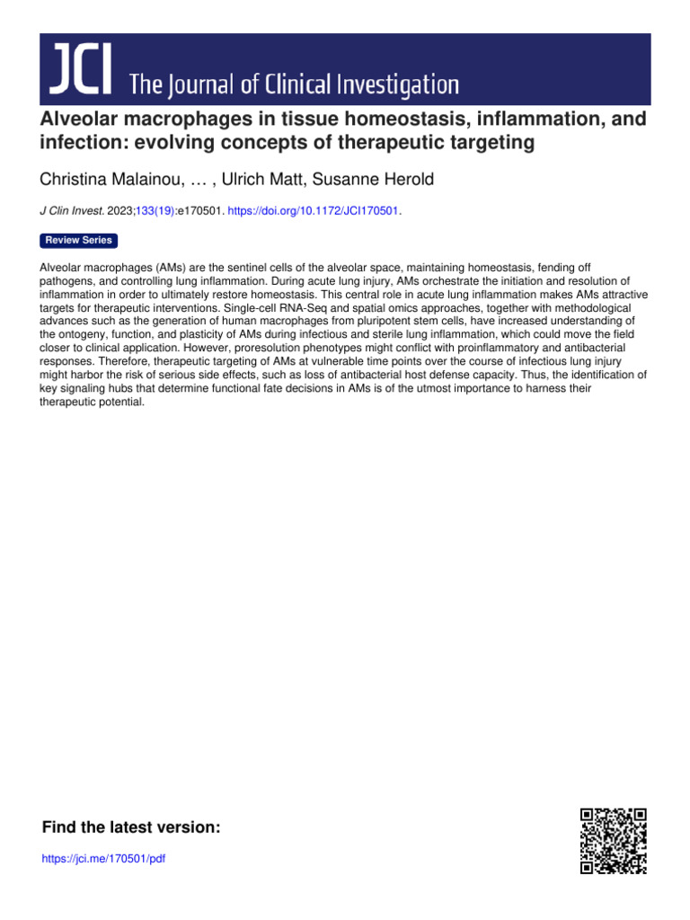 Alveolar Macrophages in Tissue Homeostasis, Inflammation, and Infection ...
