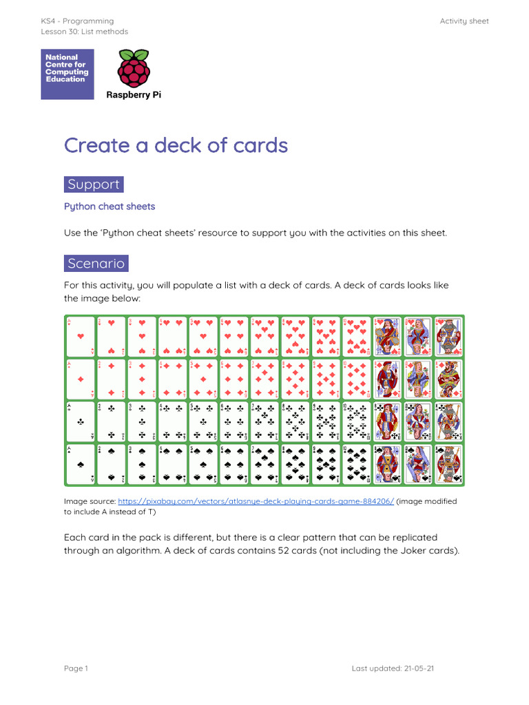 A2 Worksheet - Create a Deck of Cards | PDF | Playing Cards | Computer ...