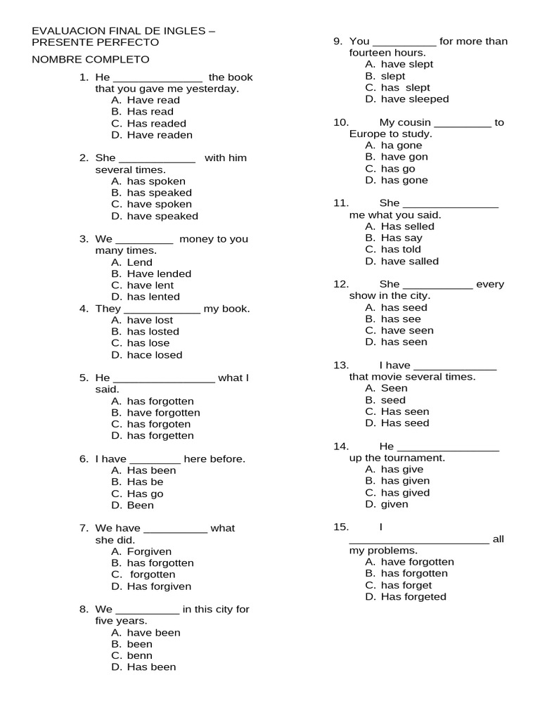 Evaluacion Final de Ingles | PDF