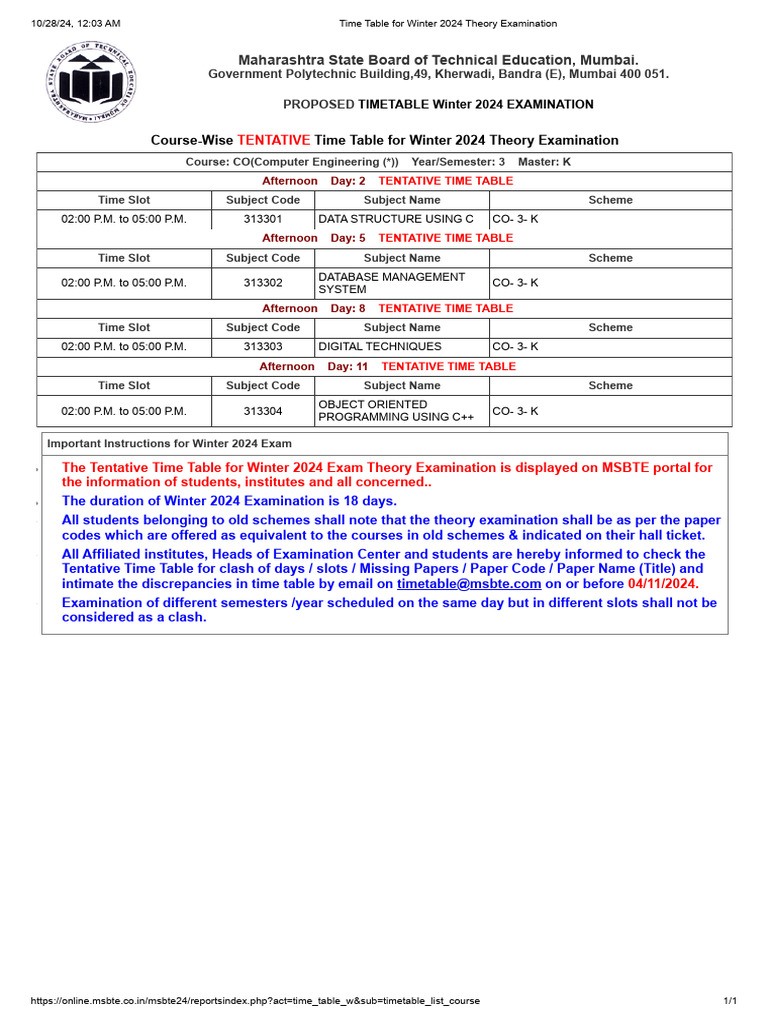MSBTE Winter 2024 Exam Timetable | PDF | Computing