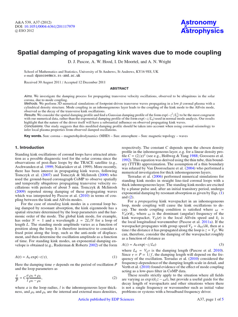 Kink Wave Damping in Solar Corona | PDF | Classical Mechanics ...