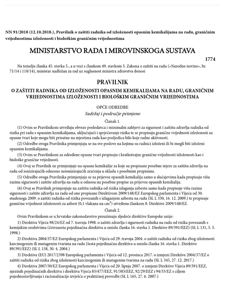 Pravilnik o Zaštiti Radnika Od Izloženosti Opasnim Kemikalijama Na Radu ...