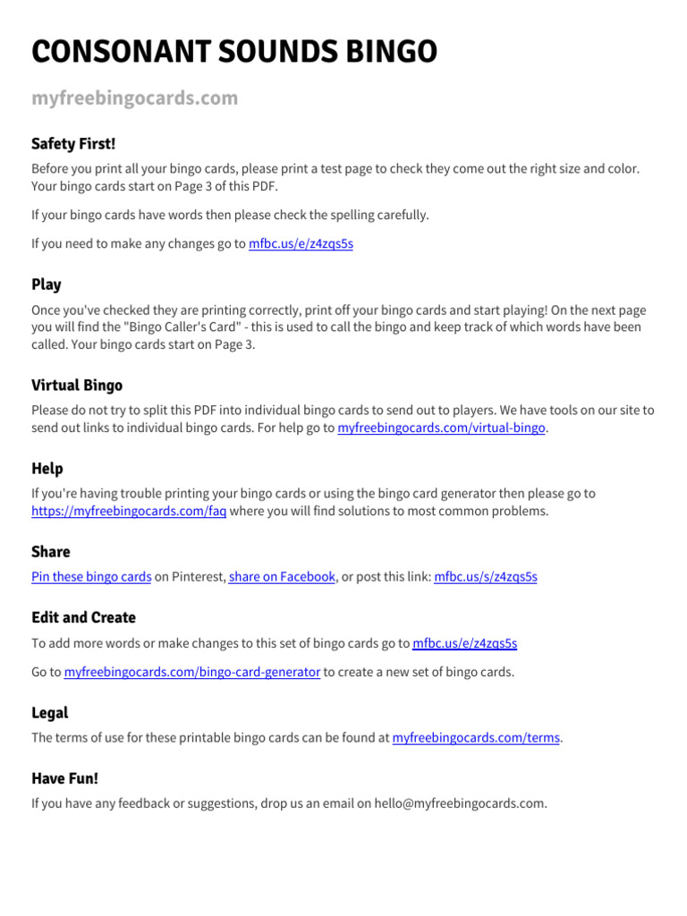 Consonant Sounds Bingo Cards | PDF | Games Of Chance | Gambling Games