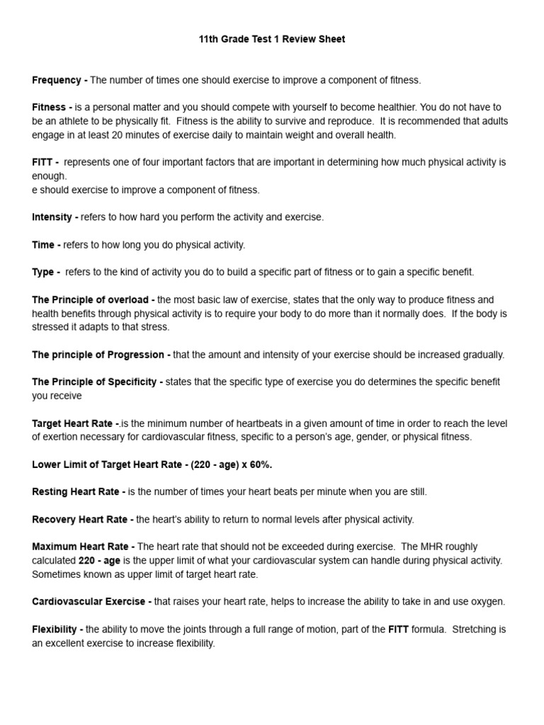 11th Grade Fitness Review Guide | PDF | Physical Fitness | Anatomical ...