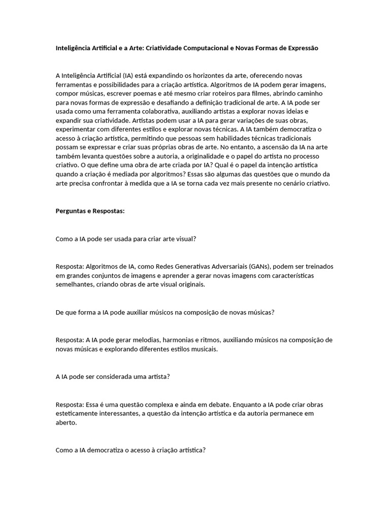IA e Arte: Novas Fronteiras Criativas | PDF | Inteligência artificial ...
