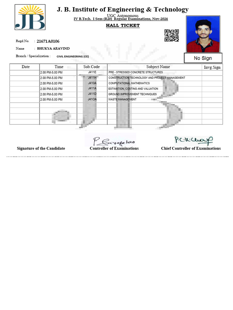 B.Tech Civil Engineering Exam Hall Ticket | PDF
