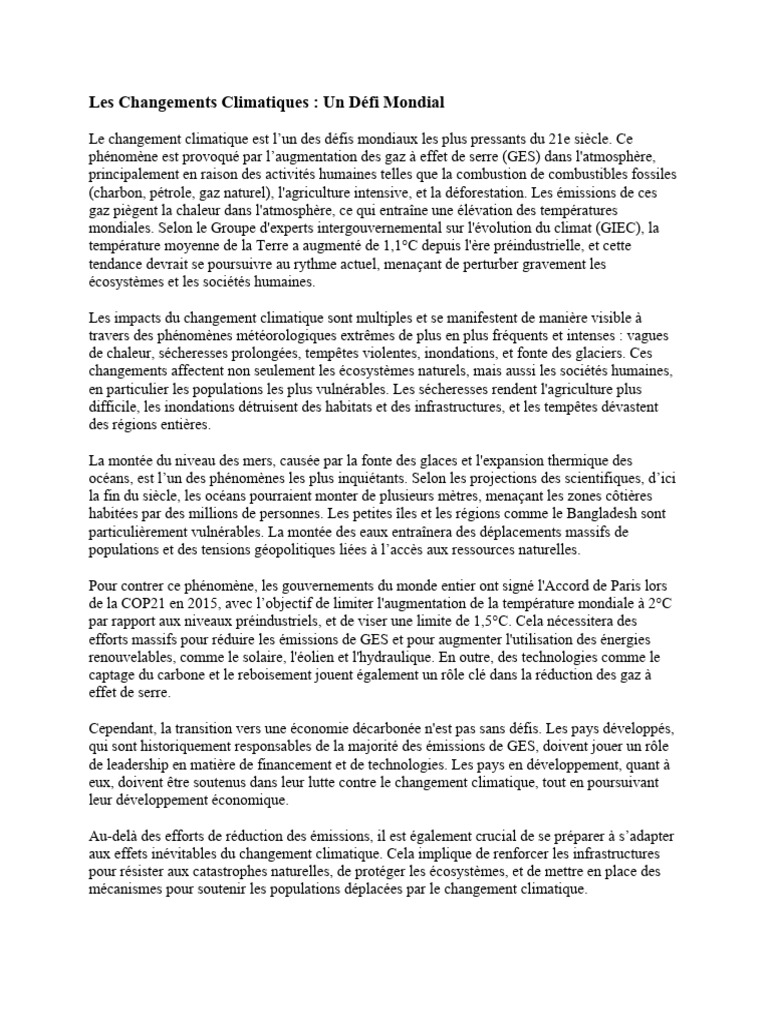 Changement climatique : enjeux et solutions | PDF | Gaz à effet de ...