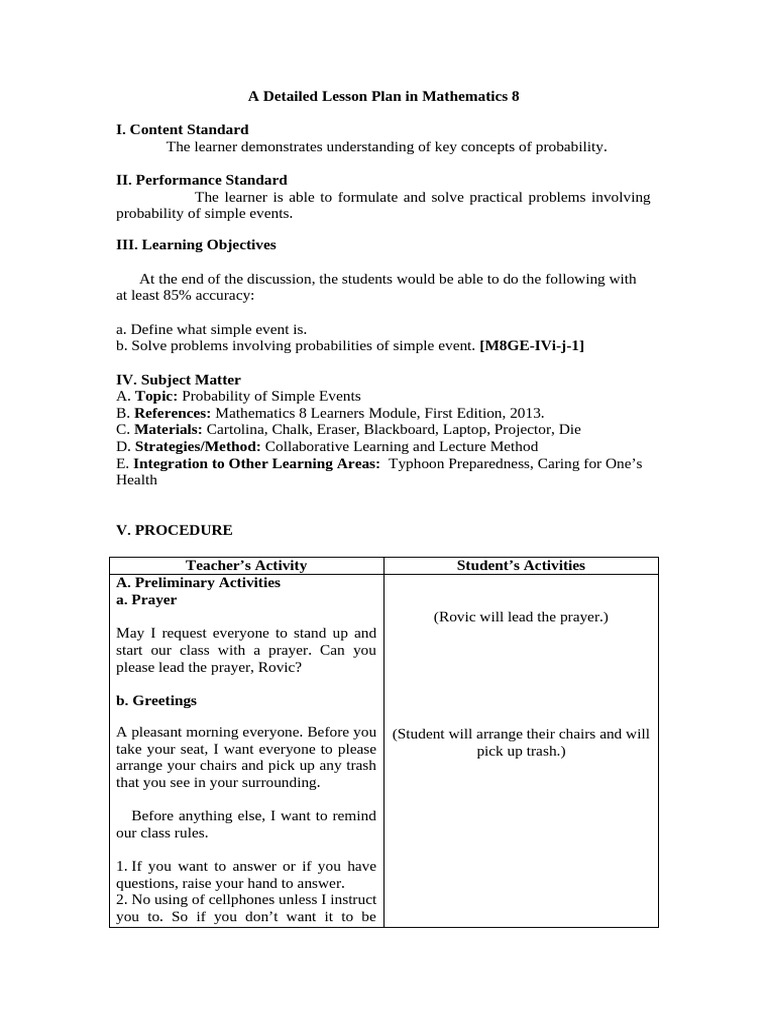 Probability of Simple Events Lesson Plan | PDF | Learning | Odds