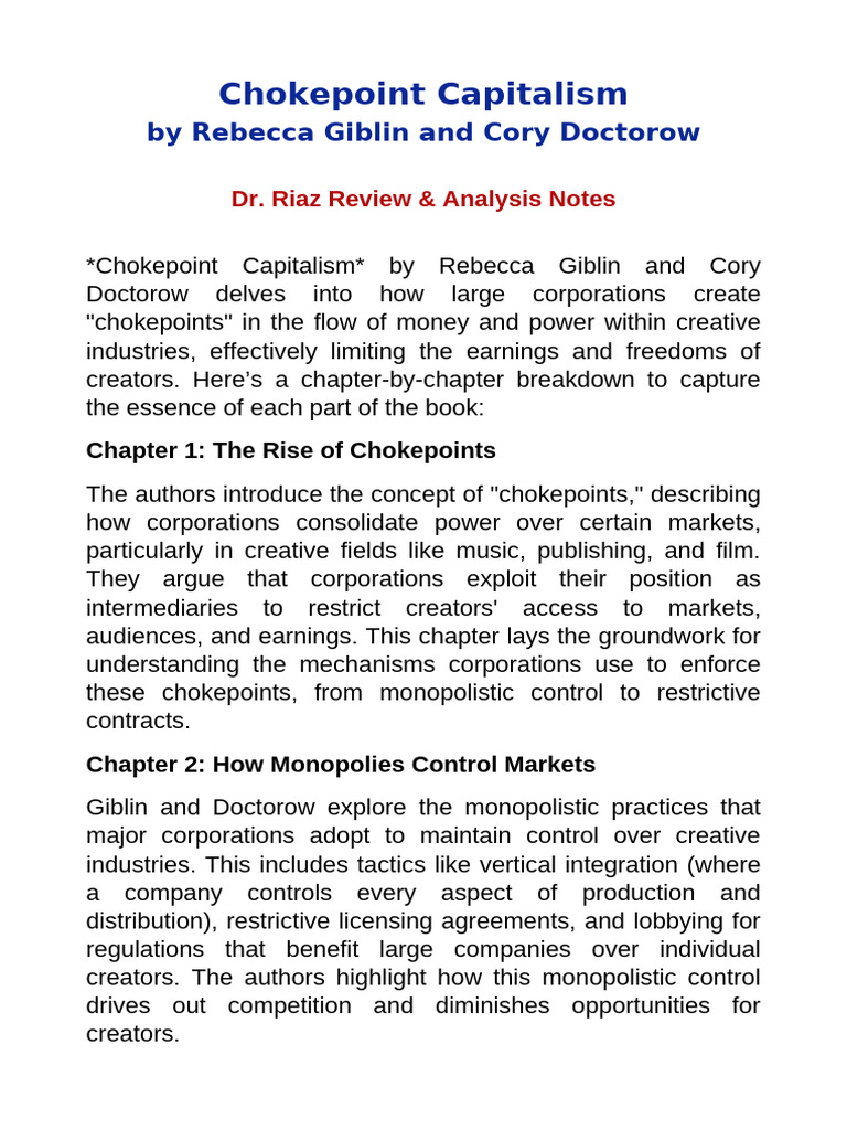 Chokepoint Capitalism - Dr. Riaz Notes | PDF | Monopoly | Spotify