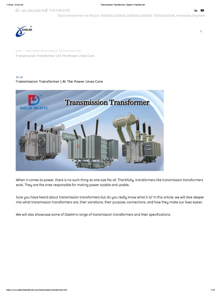 Transmission Transformer - Daelim Transformer | PDF | Electric Power ...