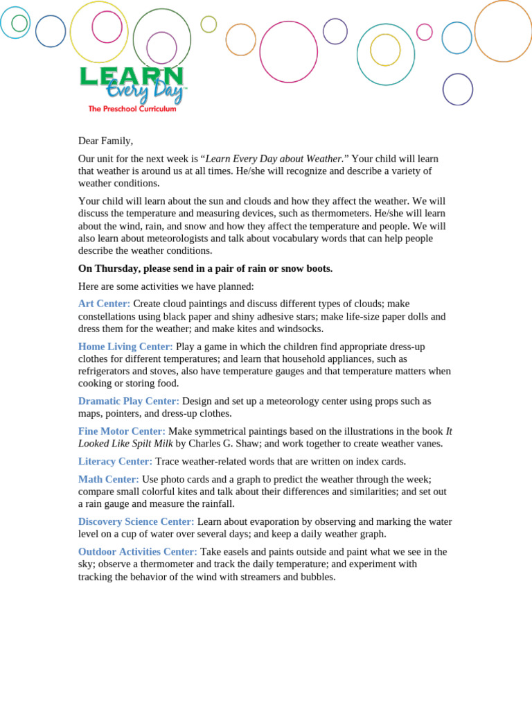 Unit 30 About Weather Parent Letter | PDF | Weather | Meteorology