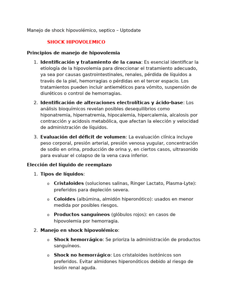 Manejo de Shock Hipovolemico | PDF | Septicemia | Medicina
