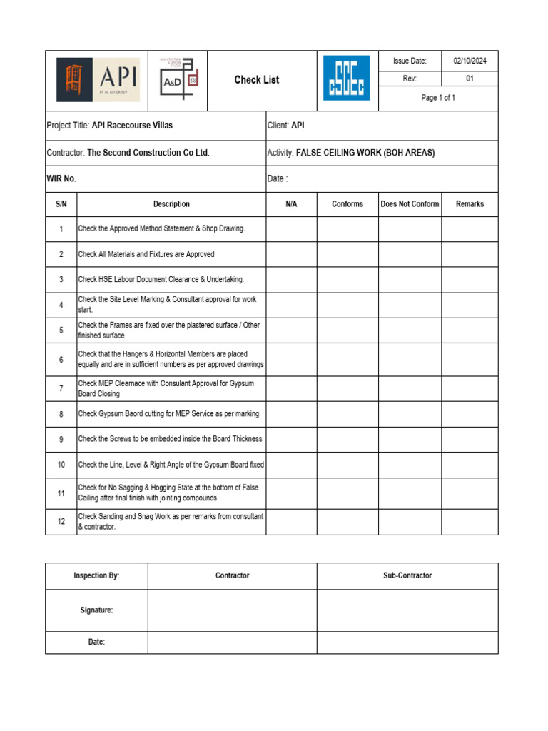 False Ceiling Work Inspection Checklist | PDF