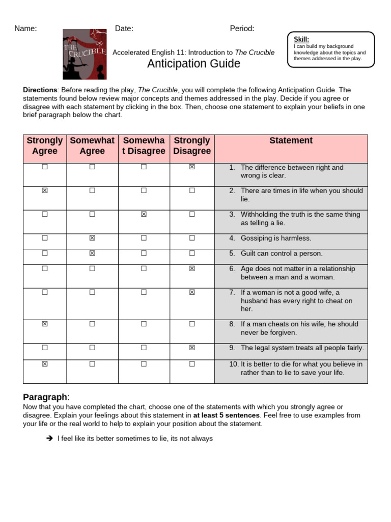 Anticipation Guide for The Crucible | PDF