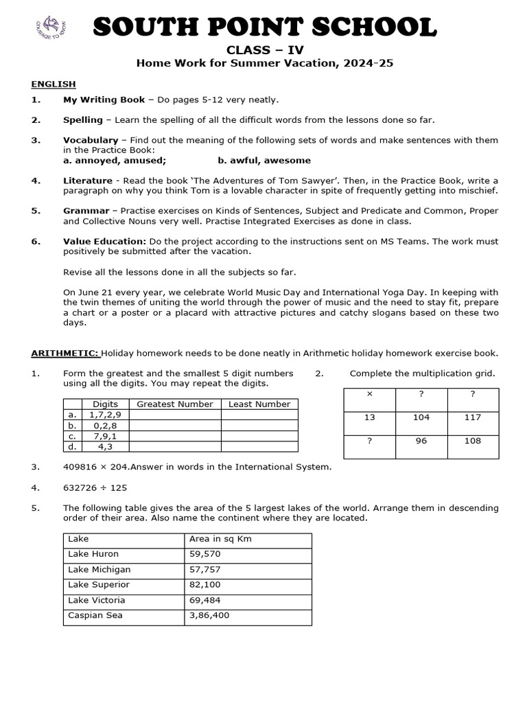 Class IV Summer Homework 2024-25 | PDF