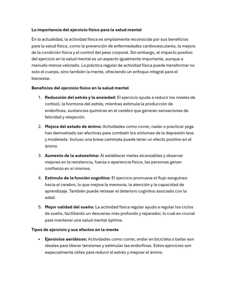 La Importancia Del Ejercicio Físico para La Salud Mental | PDF | Mente ...