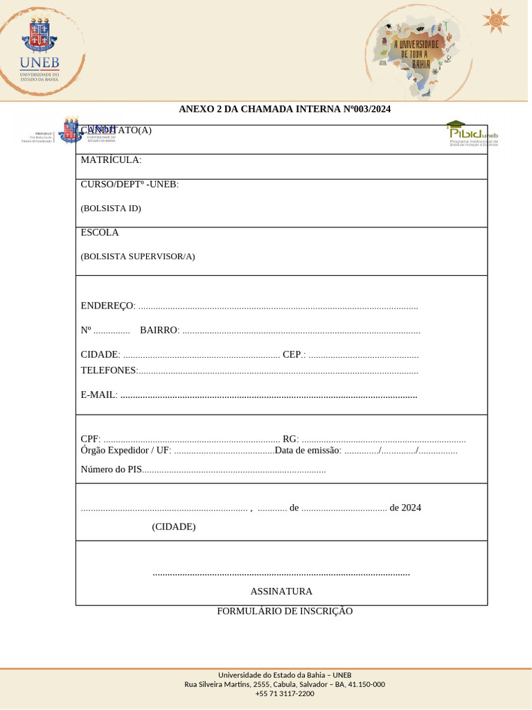 Formulário de Inscrição PIBID-UNEB 2024 | PDF | Negócios