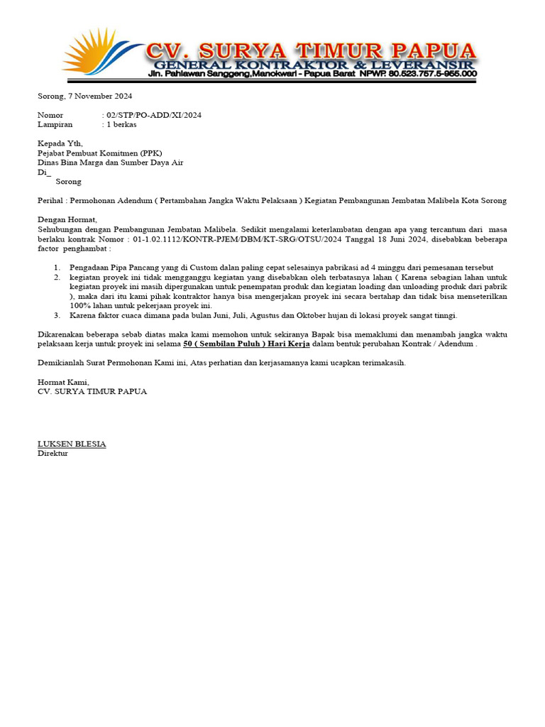 Permohonan Adendum Jembatan Malibela | PDF