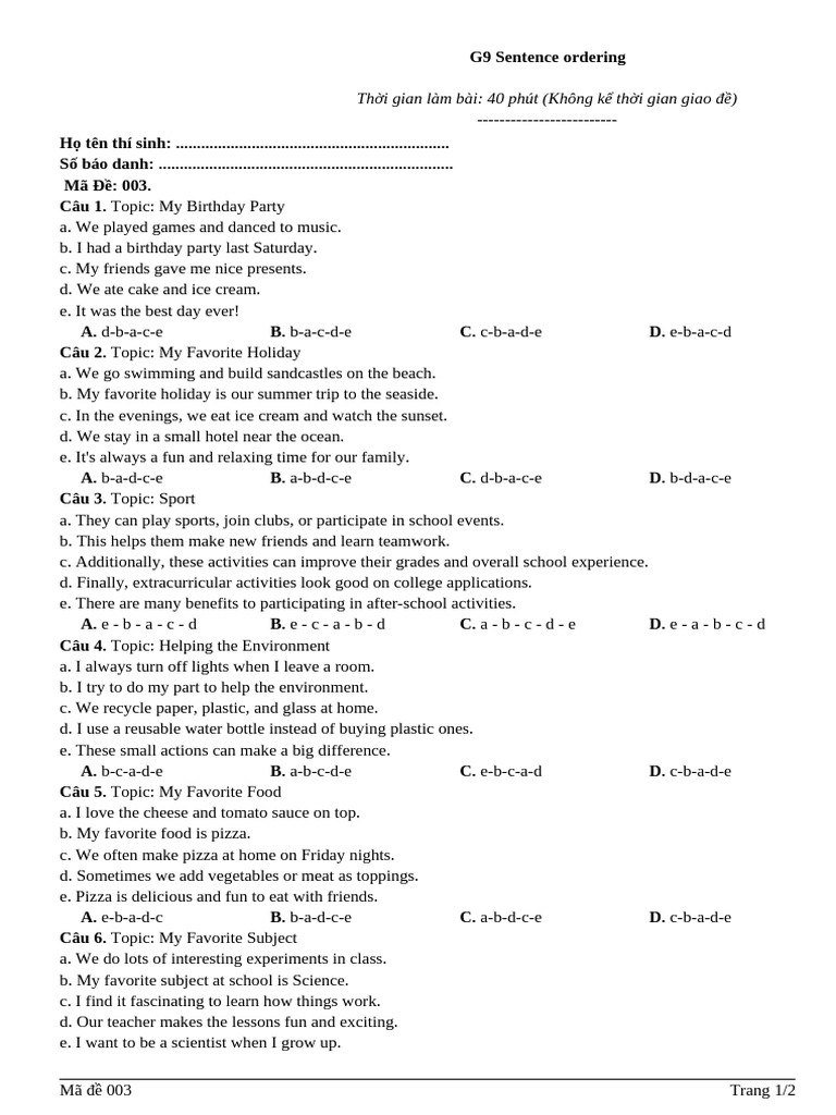 003 G9 Sentence Ordering HS | PDF | Language Arts & Discipline | Home ...