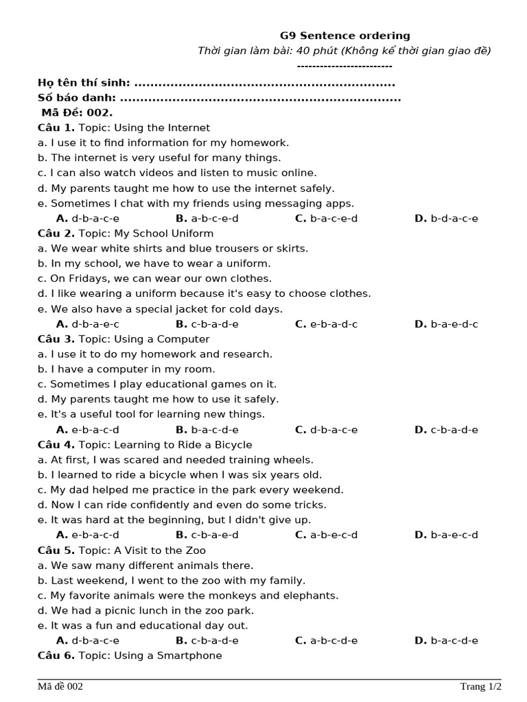 002 G9 Sentence Ordering HS | PDF