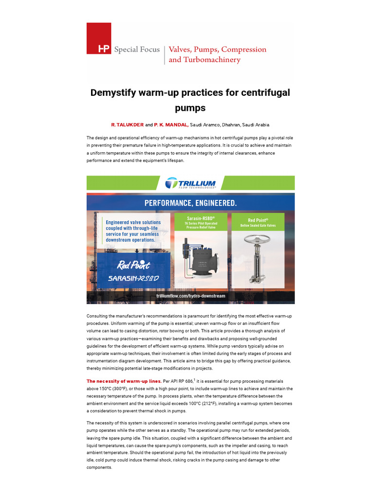 Demystify Warm-Up Practices For Centrifugal Pumps | PDF | Pump | Valve