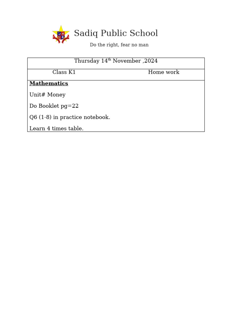 K1 Math Homework: Money Unit | PDF
