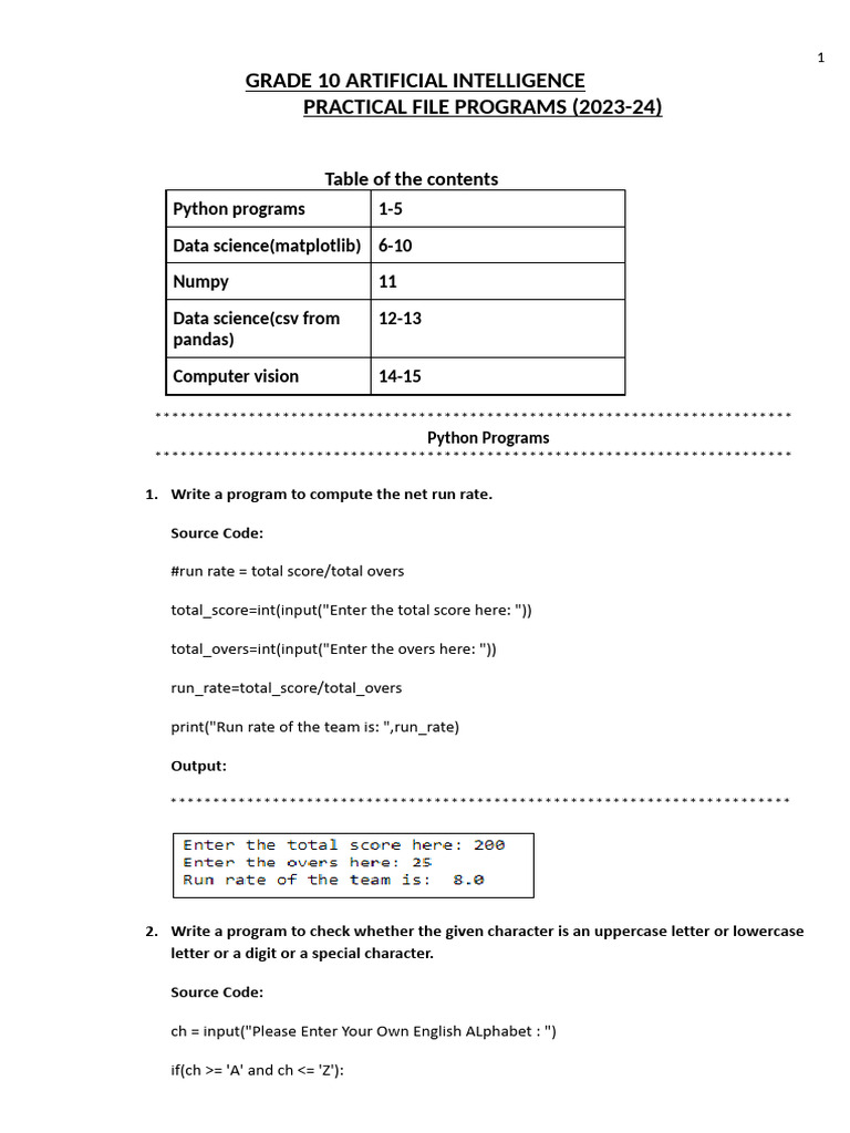 Gr 10 artificial intelligence practical file programs 2023 24 pdf