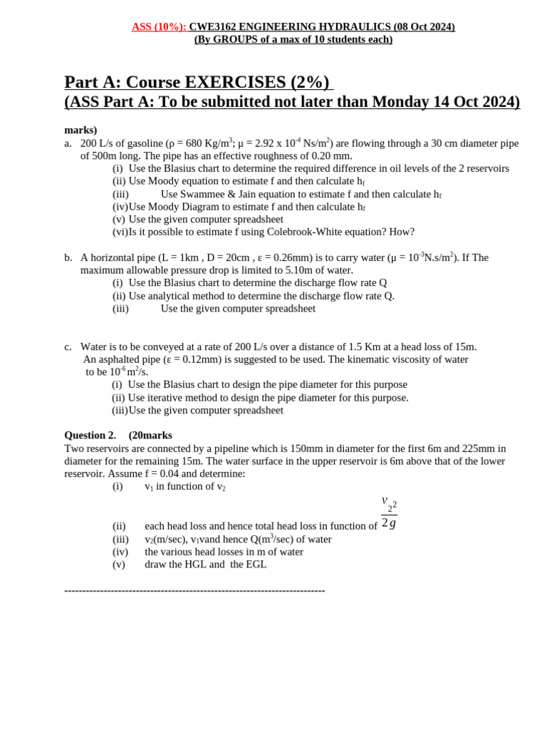 Engineering Hydraulics Course Assignment | PDF | Irrigation | Fluid ...
