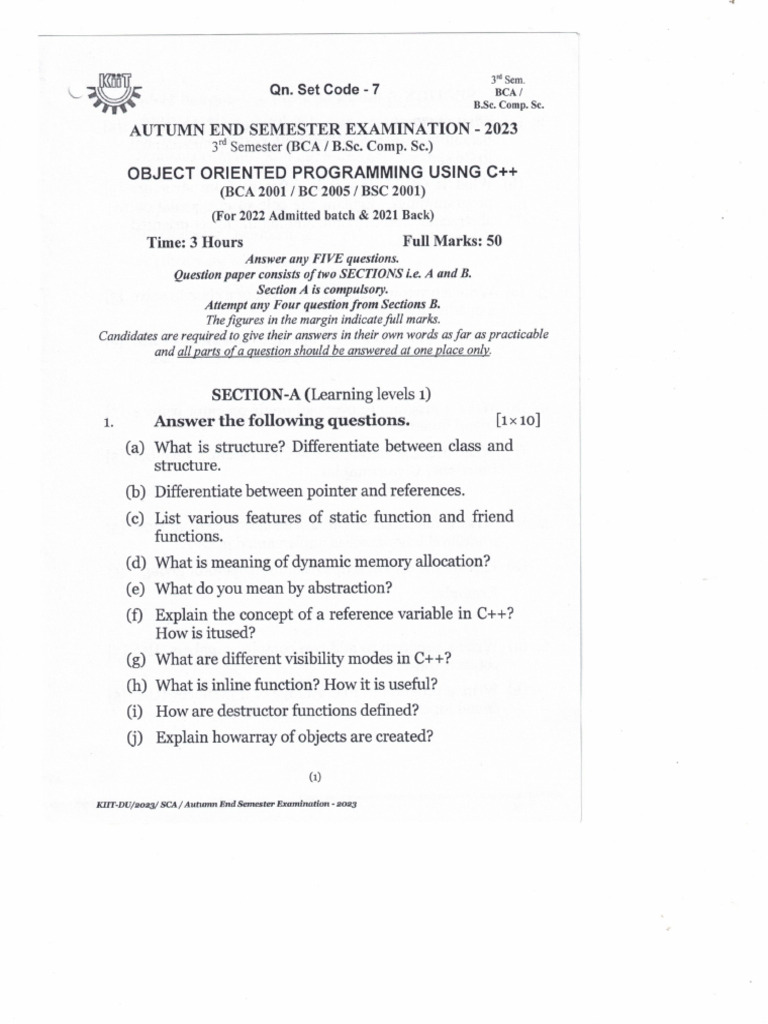 Object Oriented Programming Using C++ (BCA2005 BSC2001) | PDF