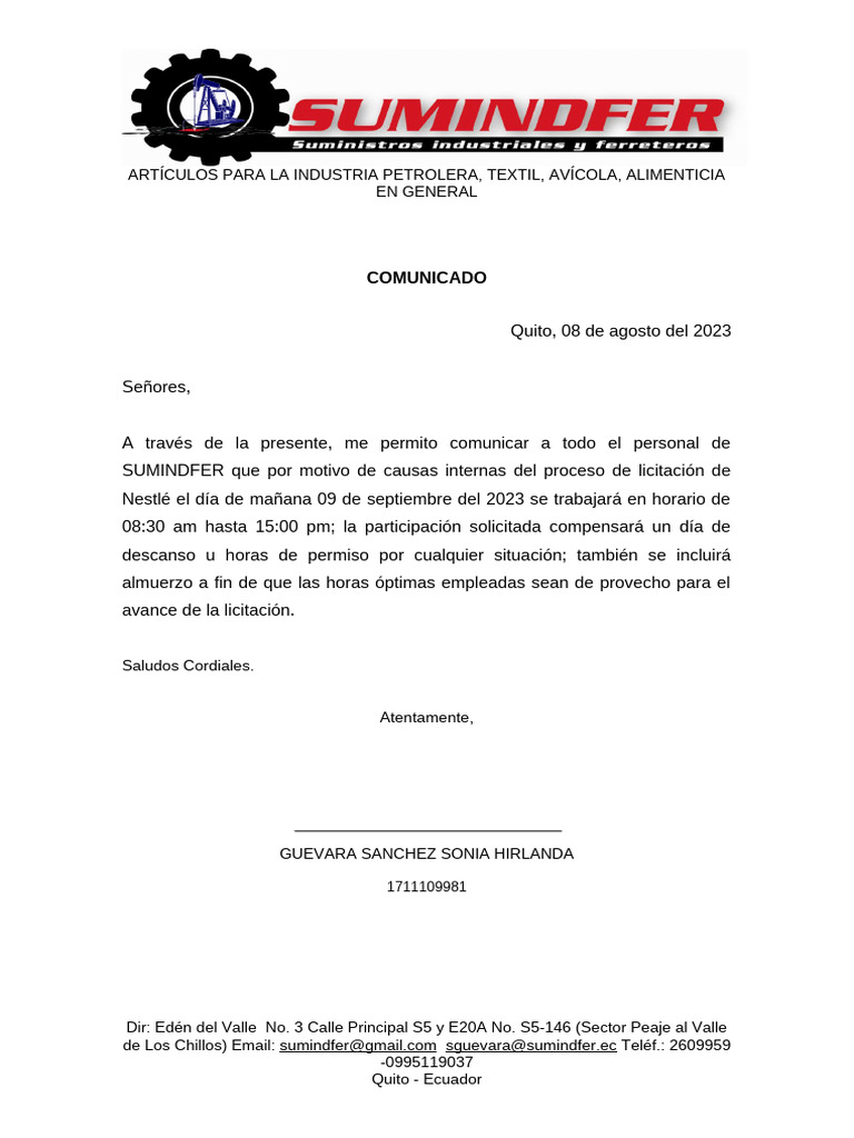 Comunicado sobre horario de trabajo en licitación | PDF