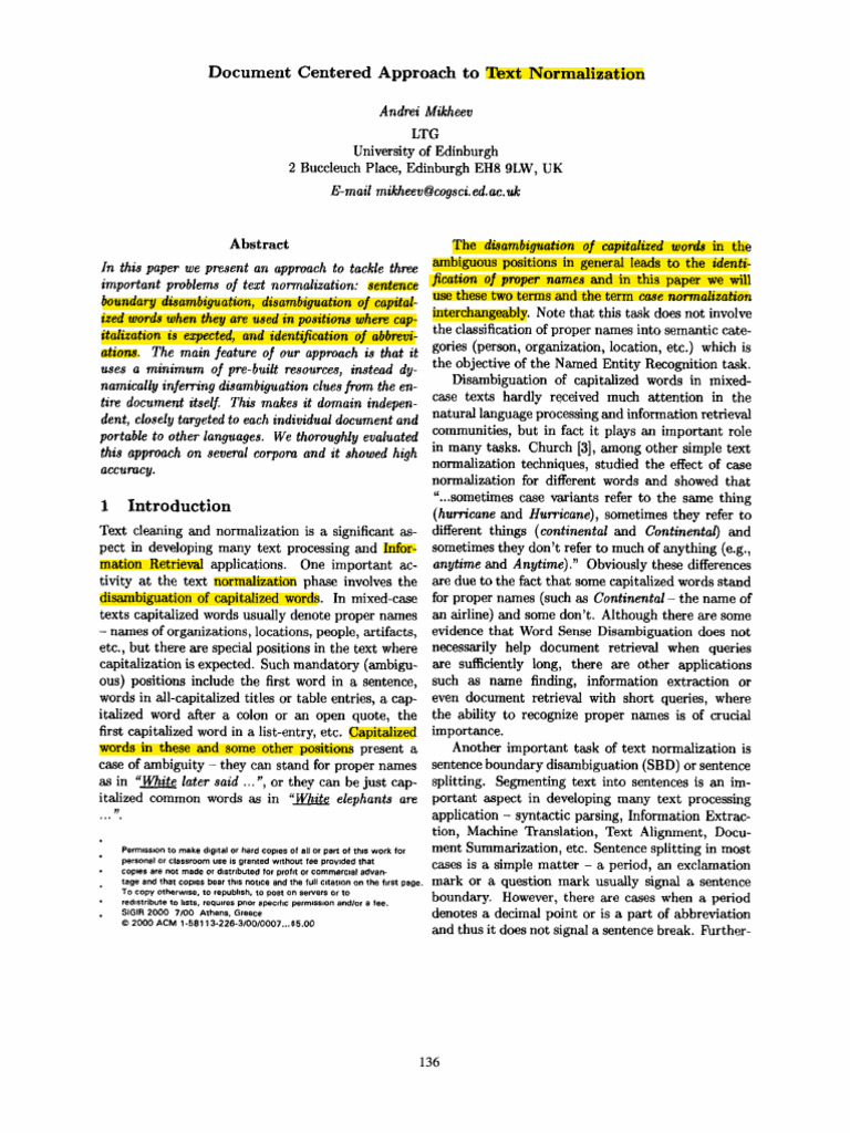 Document-Centered Text Normalization | PDF | Word | Statistics
