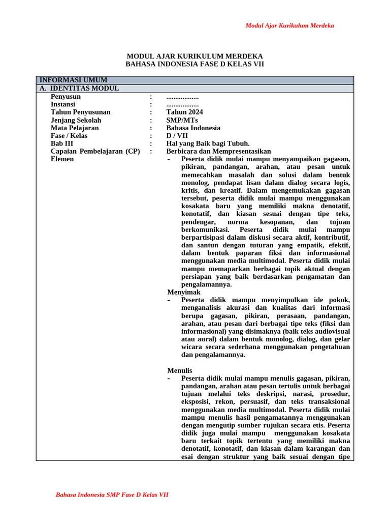 Modul Ajar Bahasa Indonesia Kelas VII | PDF | Seni & Disiplin Bahasa