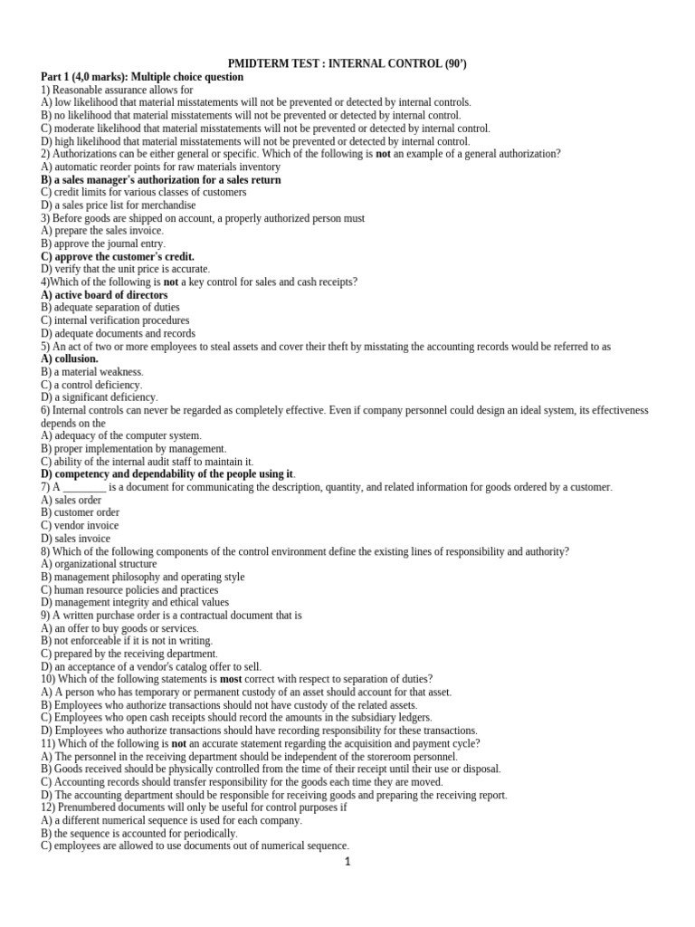 Internal Control Test: Key Concepts | PDF | Internal Control | Accounts ...
