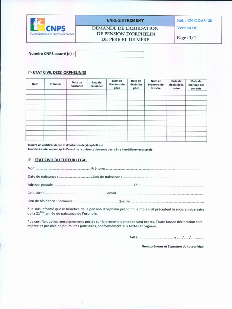 Demande de pension d'orphelin CNPS | PDF | Justice | Crime et violence