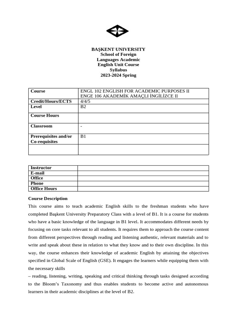 Academic English Course Syllabus 2023-24 | PDF | English As A Second Or ...