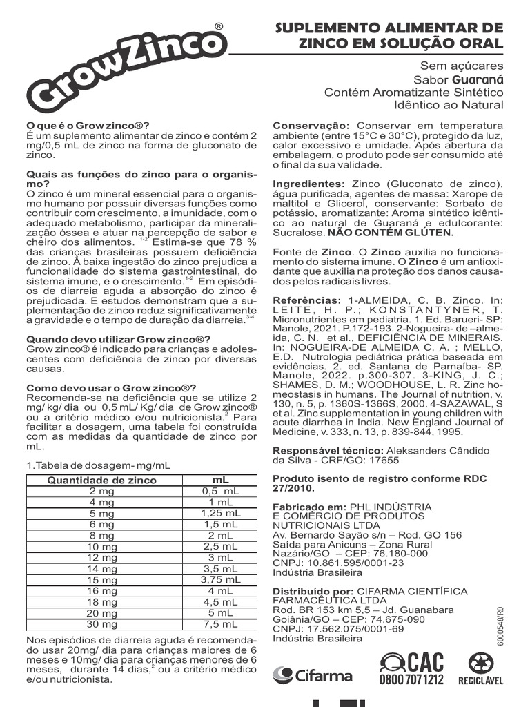 Grow Zinco: Uso e Posologia para Diarreia | PDF | Zinco
