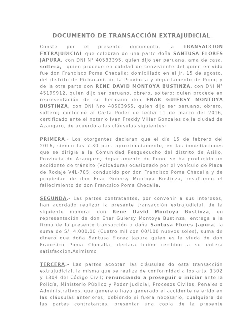 Transaccion Extrajudicial Accidentes | PDF | Ley común