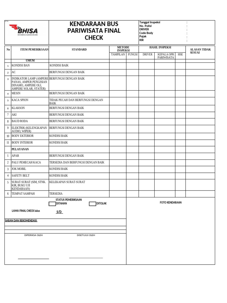 Inspeksi Final Kendaraan Bus Pariwisata | PDF