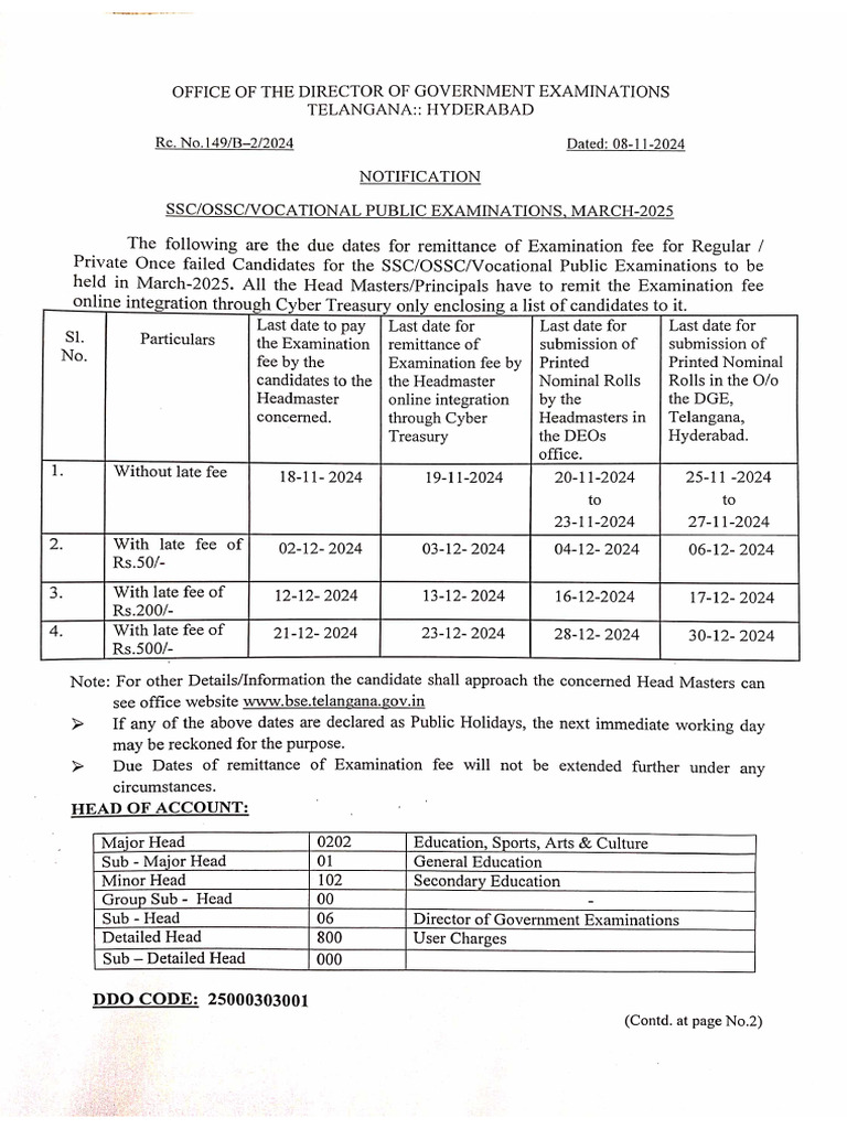 Notification of Due Dates For SSC Public Examinations March 2025 | PDF