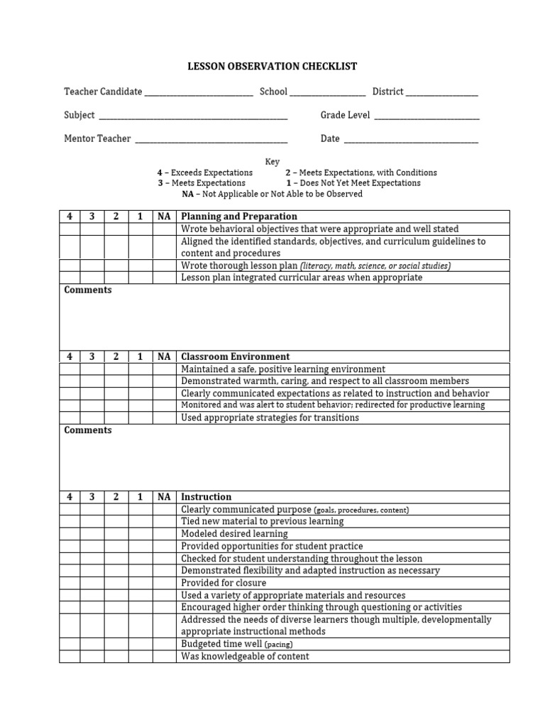 Lesson Observation Checklist | PDF | Learning | Teachers