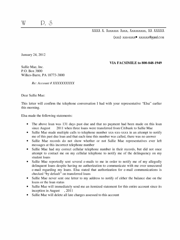2012 Letter to Sallie Mae Regarding Overdue Loan Payments Due