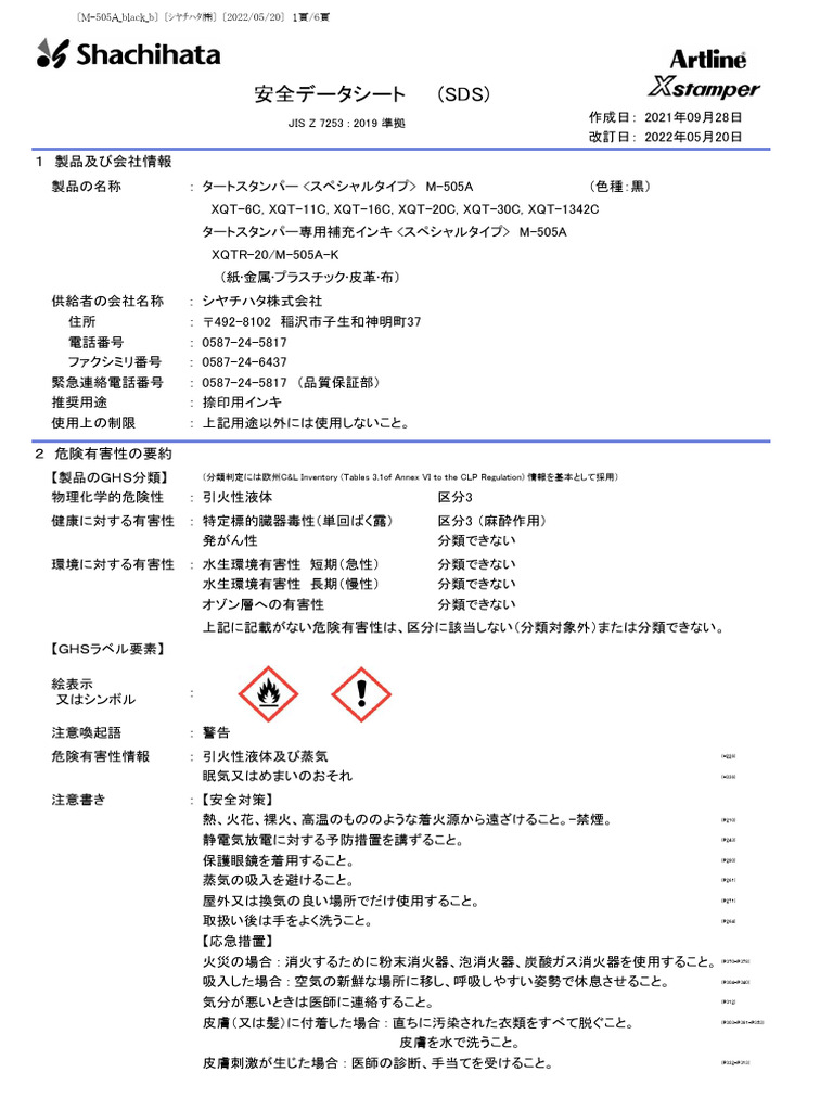 JIS Z 7253: 2019 準拠: （分類判定には欧州C&L Inventory (Tables 3.1
