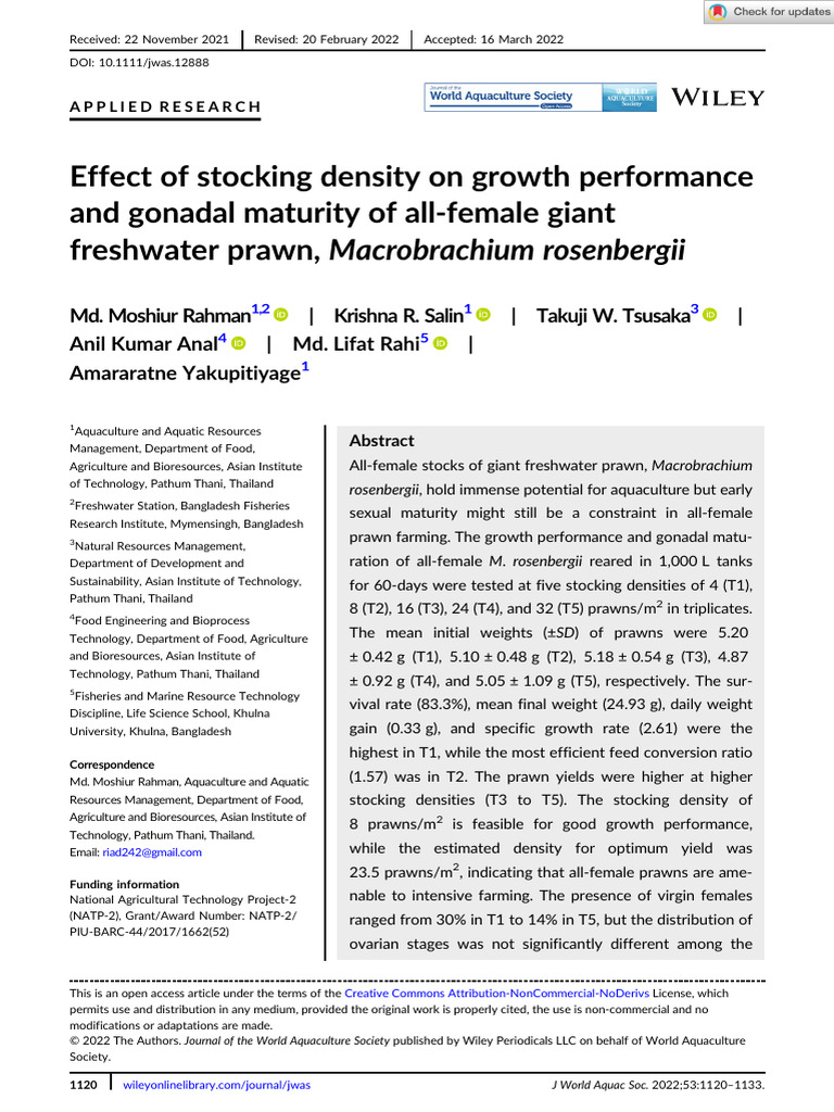 Stocking Density Effects on Prawn Growth | PDF | Aquaculture | Ovary