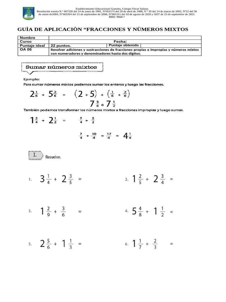 Guìa de Fracciones 6 Bàsico | PDF