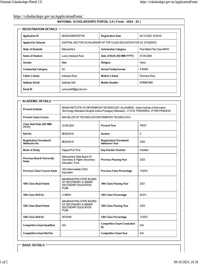 NSP Scholarship Application Details | PDF | Identity Document