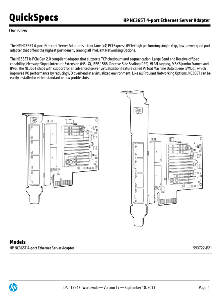 Quickspecs: HP Nc365T 4-Port Ethernet Server Adapter | PDF | Computer ...